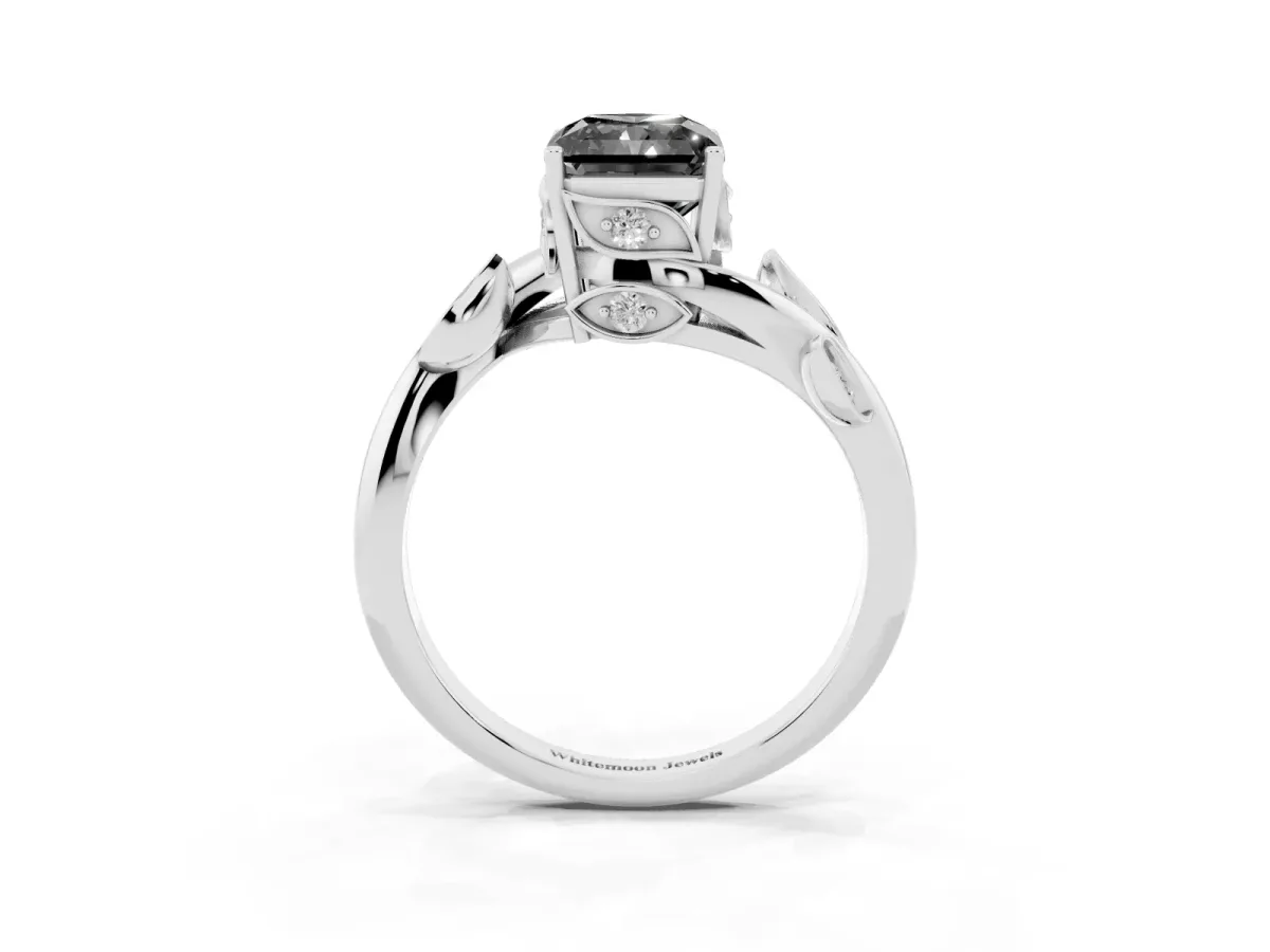 Fancy Black Radiant Cut Solitaire Twist Engagement Ring with Leaf Accents and Prong Setting White gold