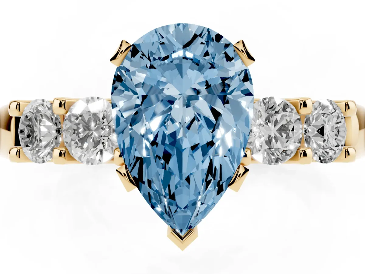 Fancy Blue Pear Cut Brilliant Cut Diamond Five-Stone Prong Set Engagement Ring with Channel Band Yellow gold