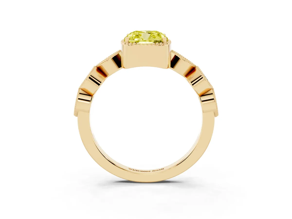 Fancy Yellow Cushion Cut Diamond Vintage Milgrain Ring with Round Stations Yellow gold