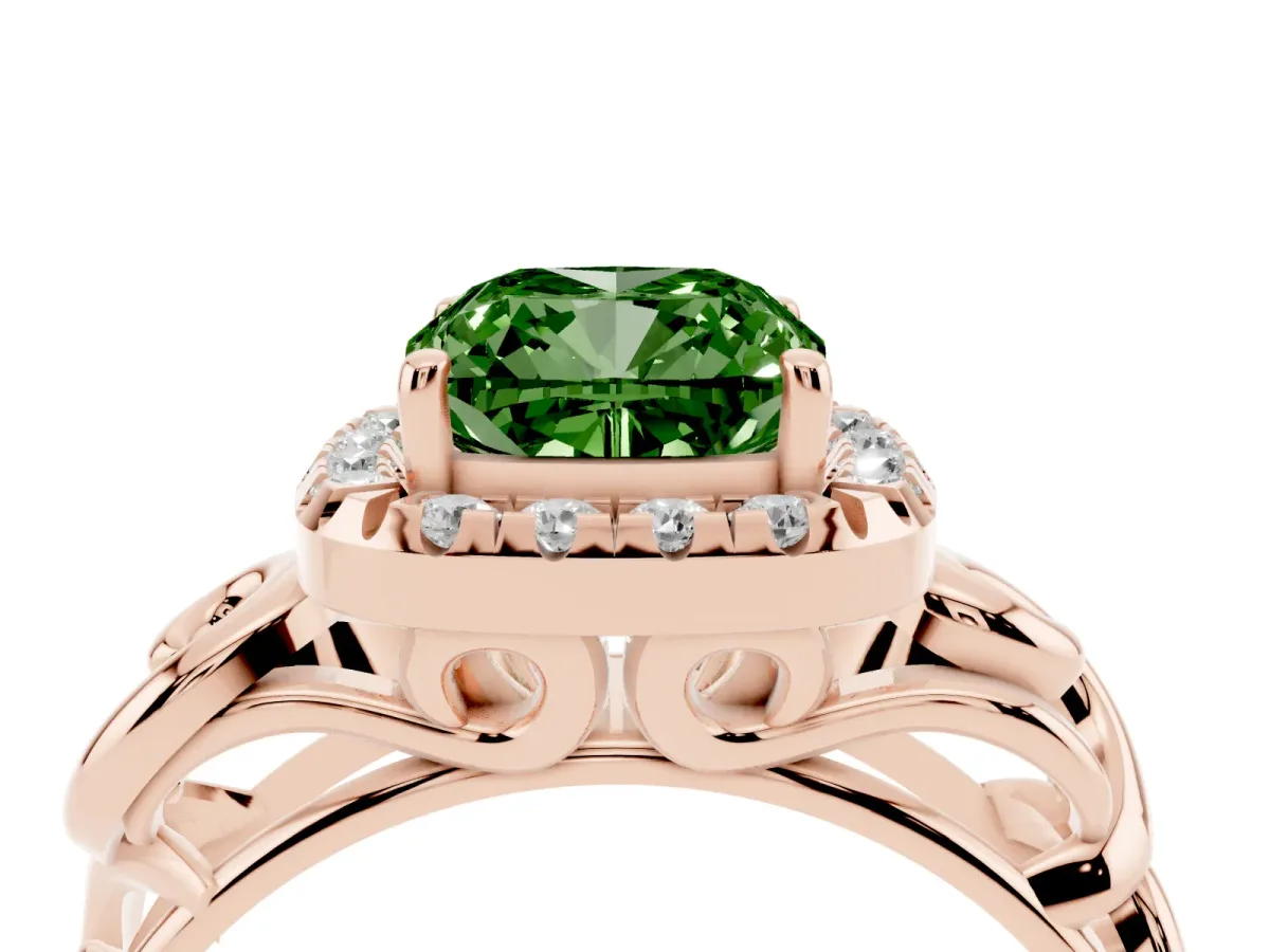 Fancy Green Cushion Cut Cut Halo Diamond Ring with Scrollwork Band and Four-Prong Setting Rose gold