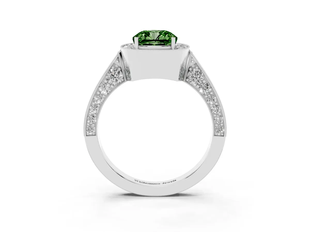 Fancy Green Cushion Cut Halo Diamond Engagement Ring with Split Shank Band and Four-Prong Setting Silver
