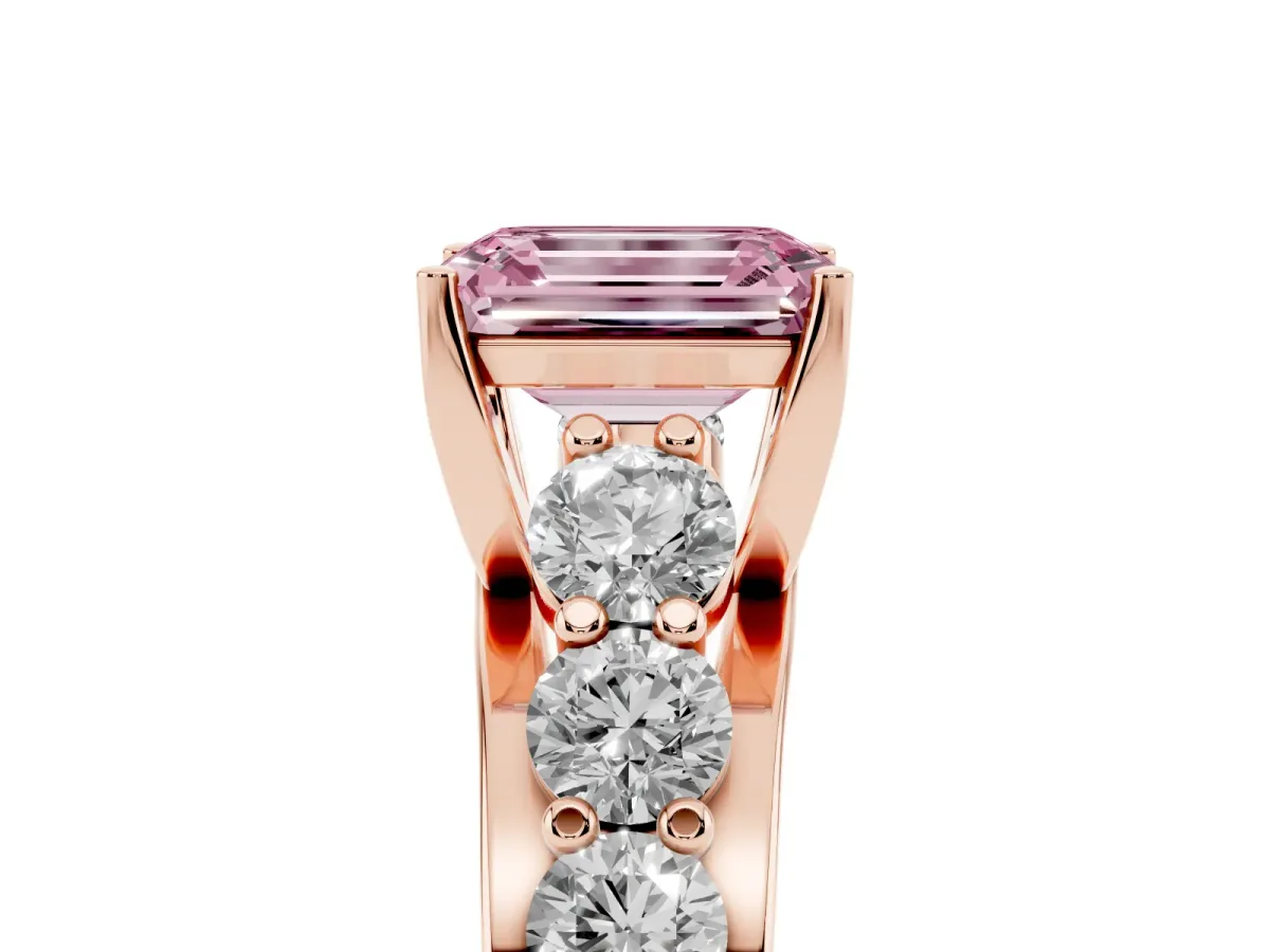 Fancy Pink Emerald Cut Diamond Engagement Ring with Pavé Band and Four-Prong Setting Rose gold