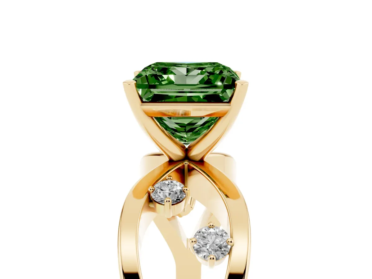 Fancy Green Princess Cut Cut Solitaire Diamond with Side Stones on Criss-Cross Band and Four-Prong Setting Yellow gold