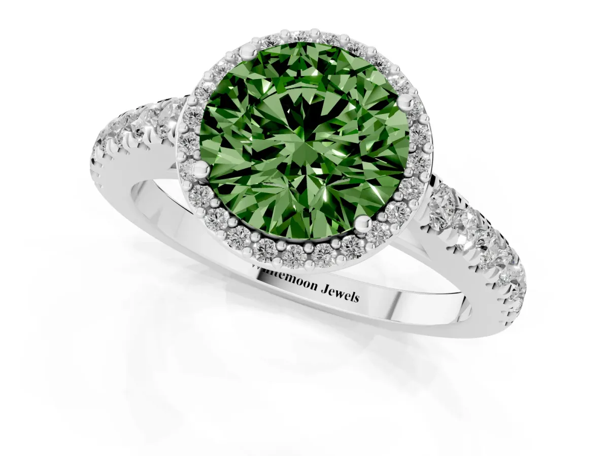 Fancy Green Round Cut Cut Halo Diamond Engagement Ring with Pave Band and Four-Prong Setting Platinum