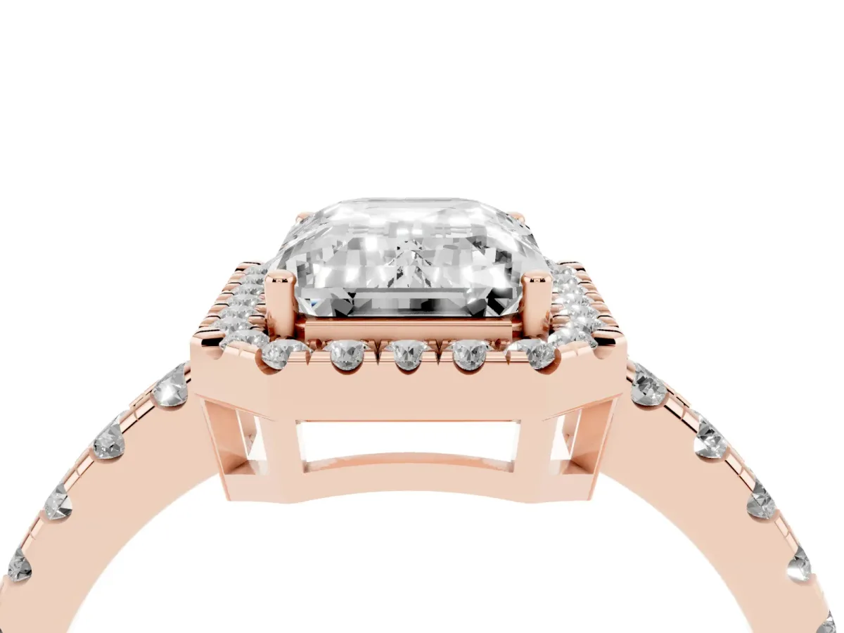 Emerald Cut Diamond Halo Ring with Pavé Band and Four-Prong Setting Rose gold