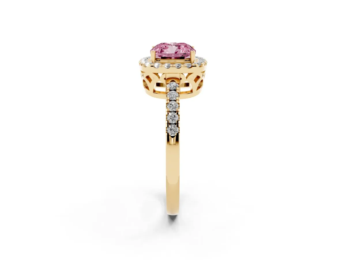 Fancy Pink Cushion Cut Halo Diamond Engagement Ring with Pavé Band and Four-Prong Setting Yellow gold