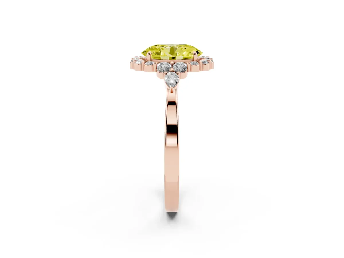 Fancy Yellow Oval Cut Diamond Halo Ring with Pear Side Stones and Prong Setting Rose gold