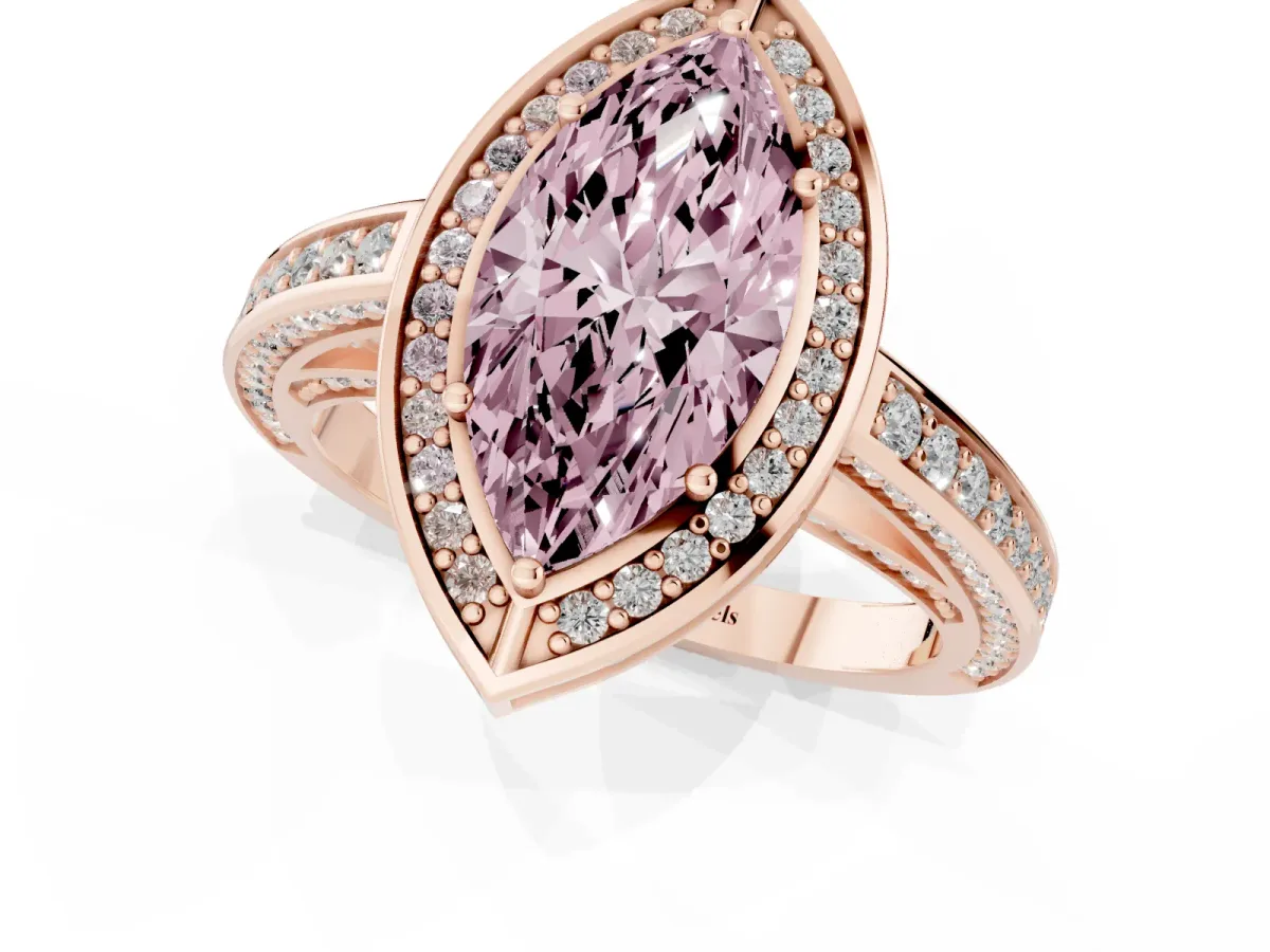 Fancy Pink Marquise Cut Cut Halo Pave Split Shank Prong Setting Ring Rose gold