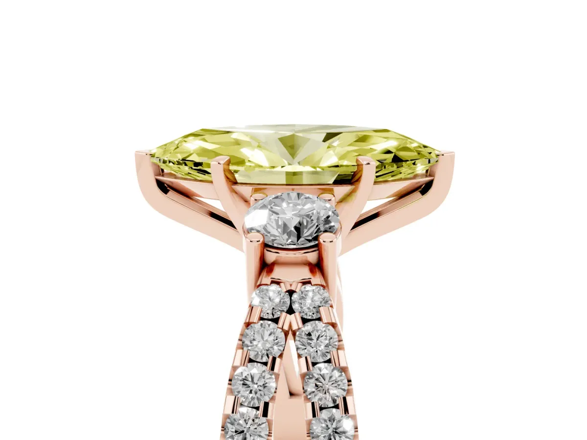 Fancy Yellow Marquise Cut Diamond Three-Stone Ring with Pavé Split Shank and Four-Prong Setting Rose gold