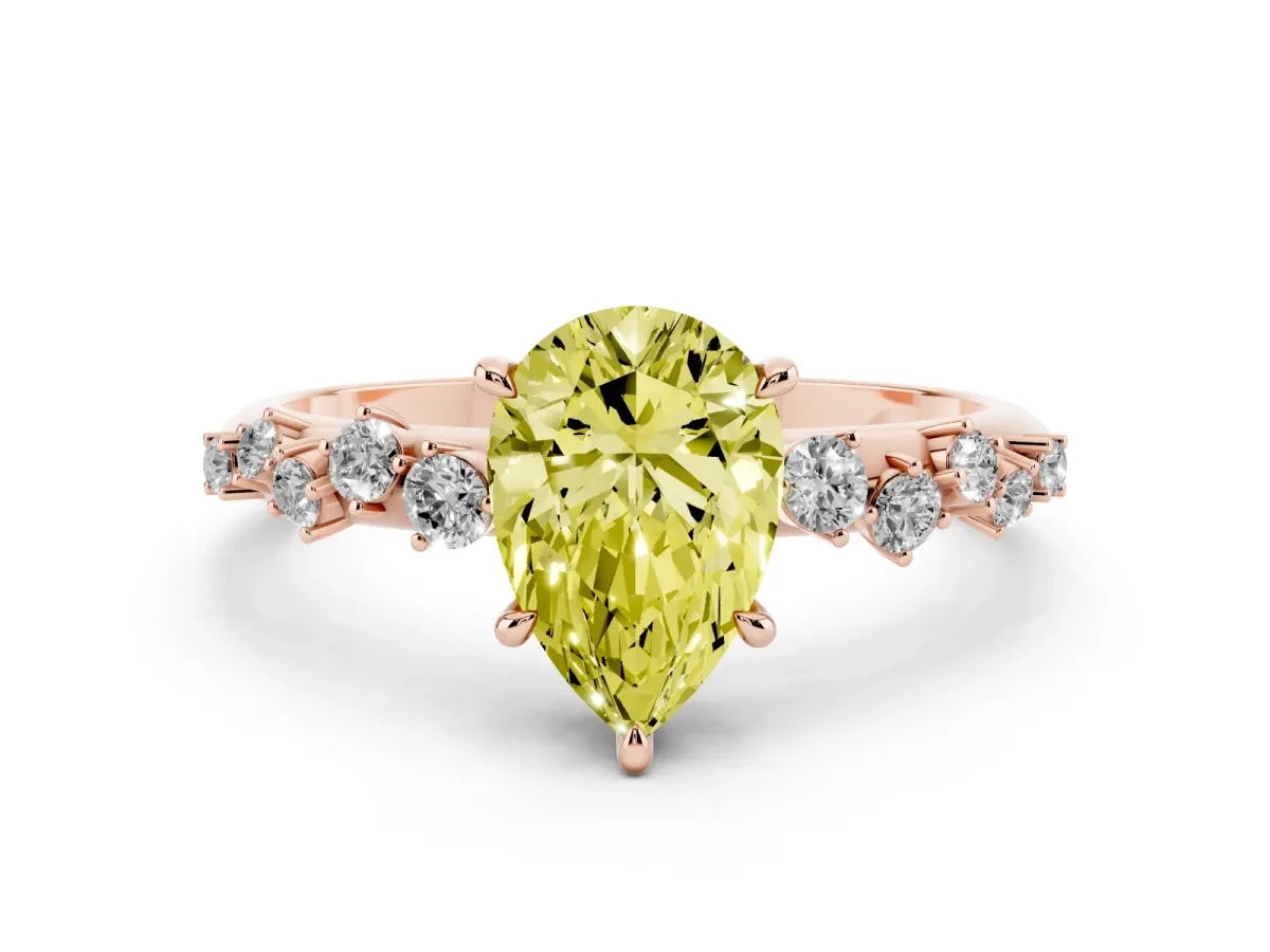 Fancy Yellow Pear Cut Diamond Cluster Side Stone Solitaire Ring with Prong Setting Rose gold