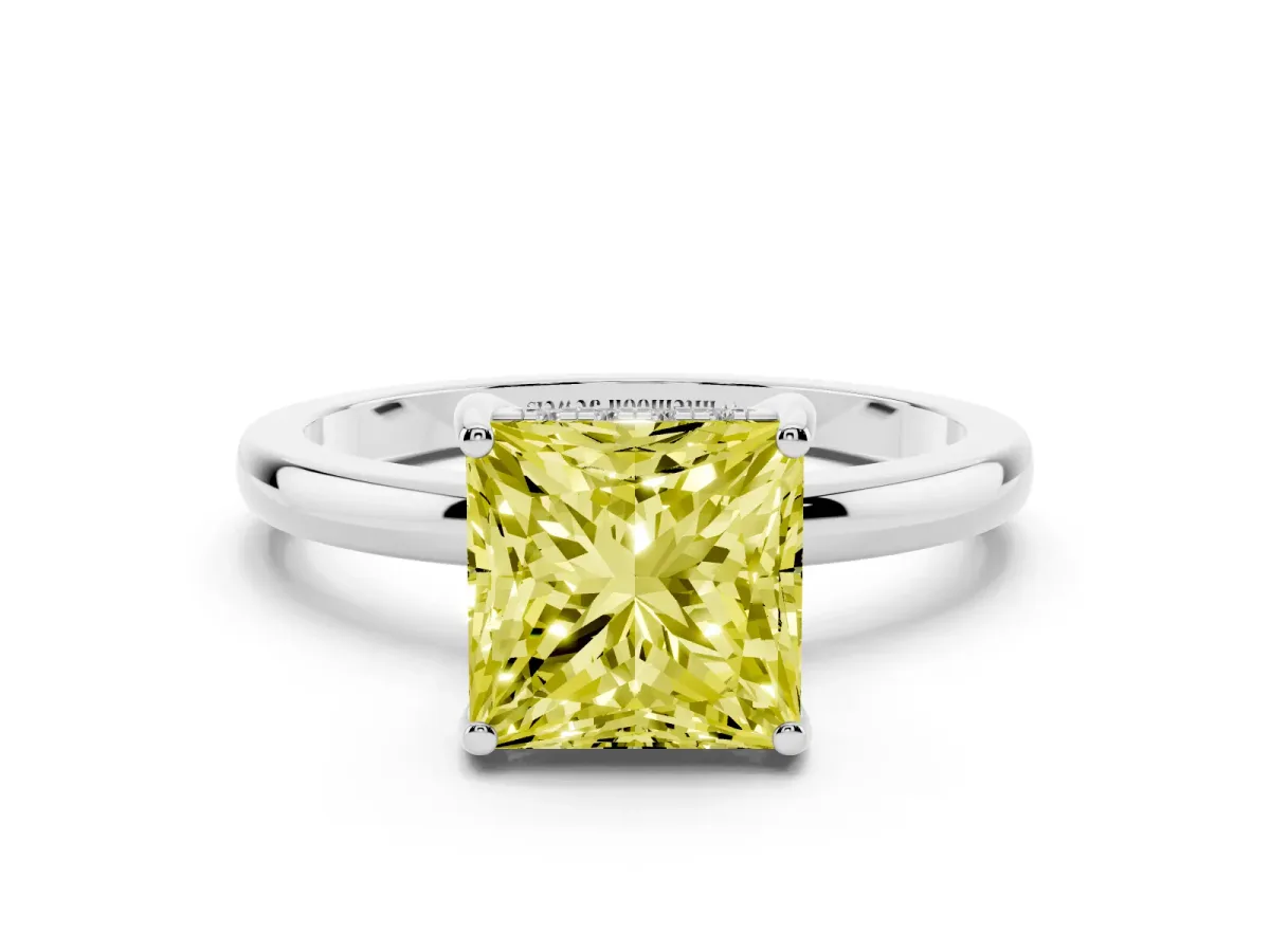 Fancy Yellow Princess Cut Solitaire Diamond Ring with Prong Setting and Plain Band Silver
