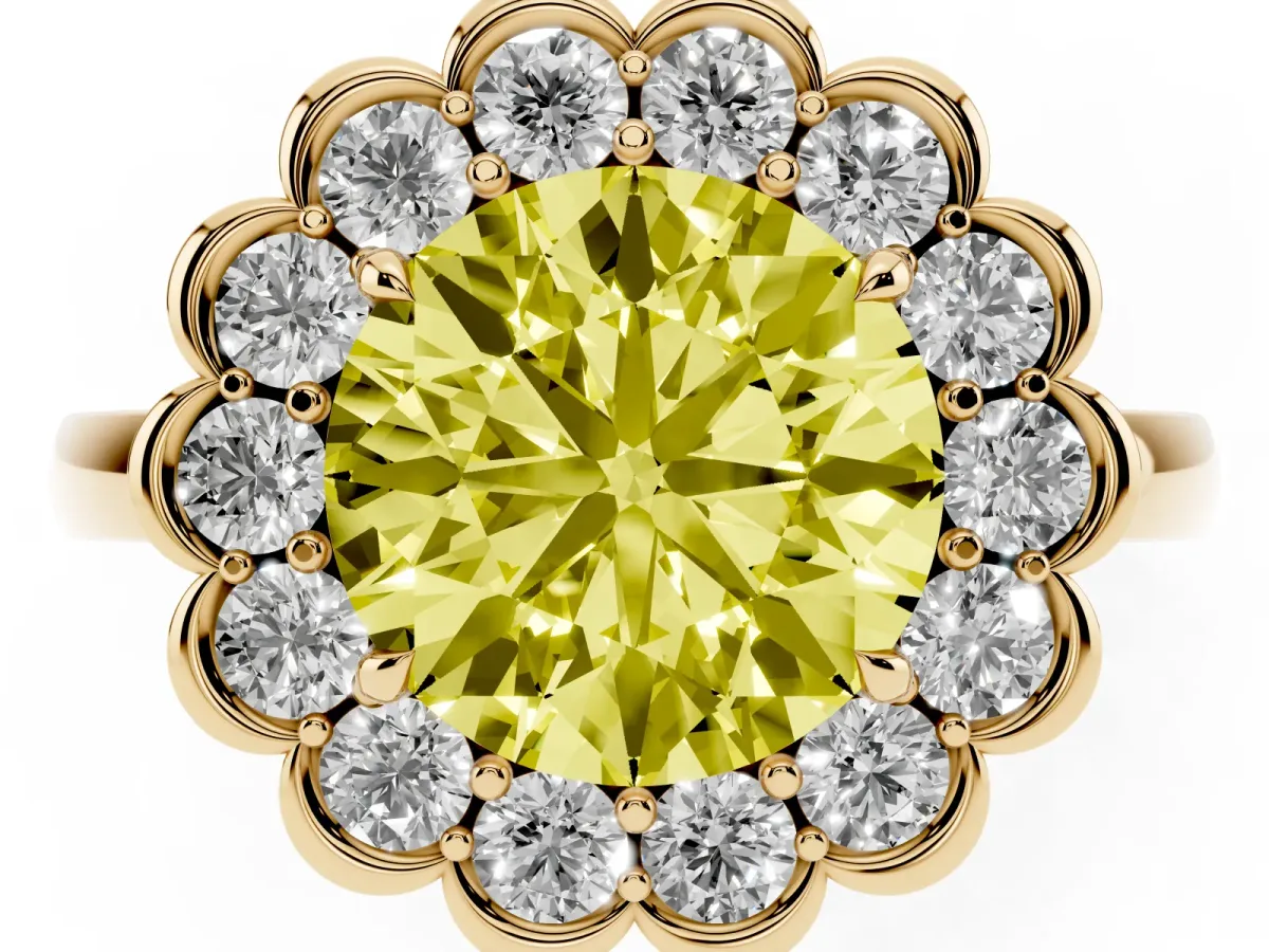 Fancy Yellow Round Cut Halo Cluster Diamond Engagement Ring with Solitaire Band and Prong Setting Yellow gold