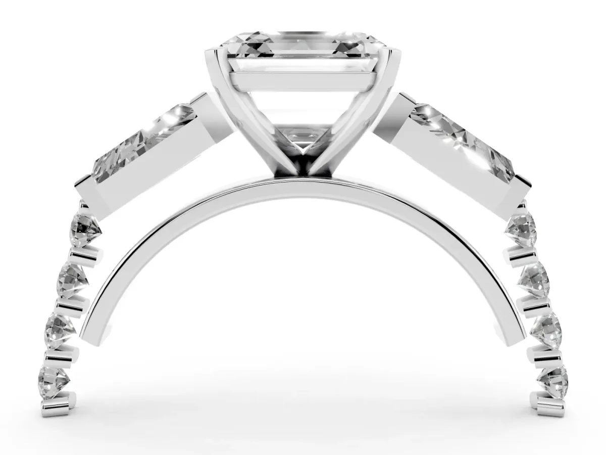Asscher Cut Diamond Engagement Ring with Baguette Side Stones and Channel Set Band Platinum