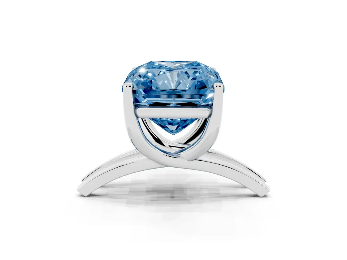 Fancy Blue Radiant Cut Cut Diamond Solitaire Engagement Ring with Tapered Plain Band and Four-Prong Setting Silver