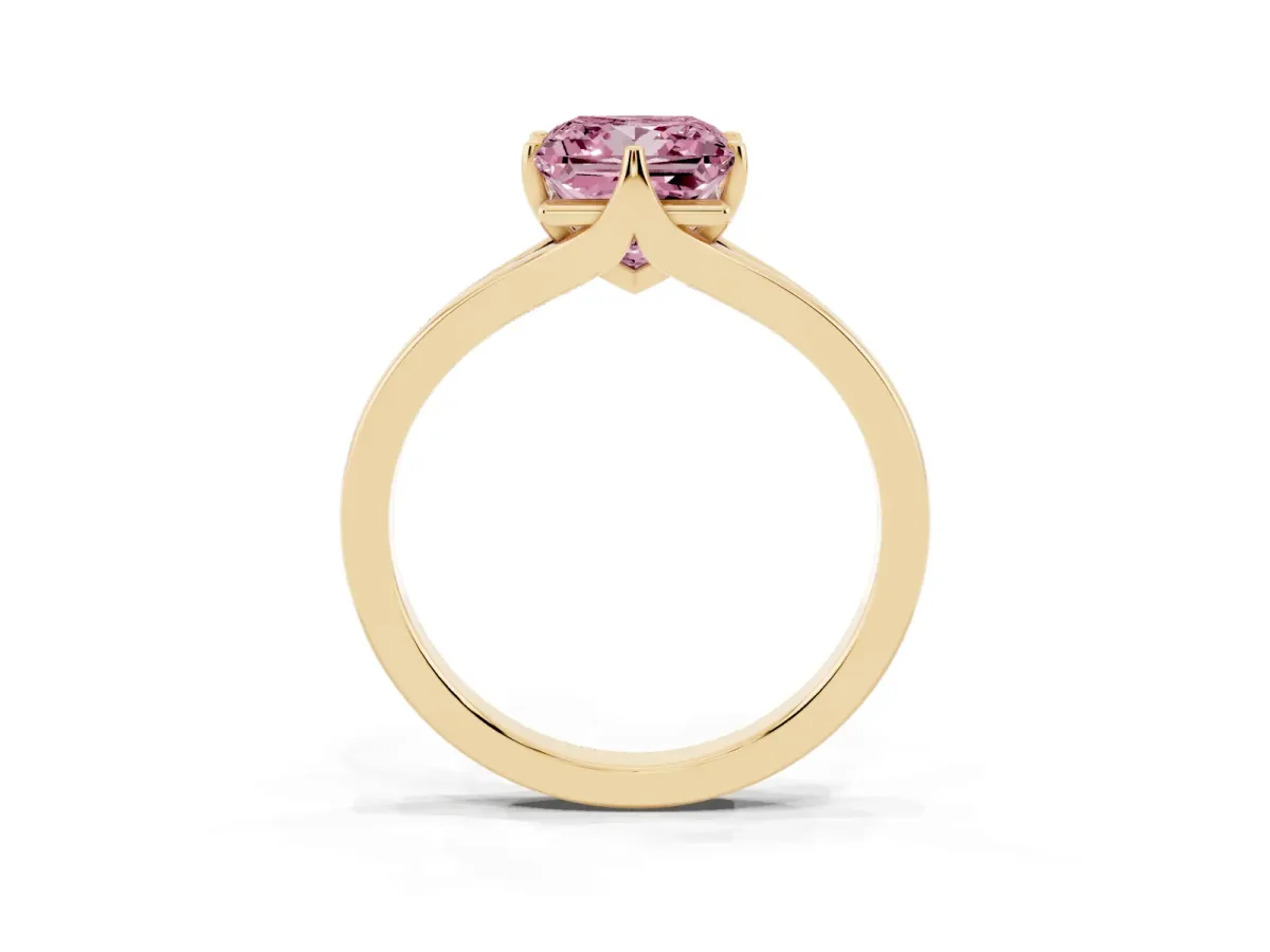 Fancy Pink Princess Cut Solitaire Diamond Ring with Six-Prong Setting and Tapered Band Yellow gold