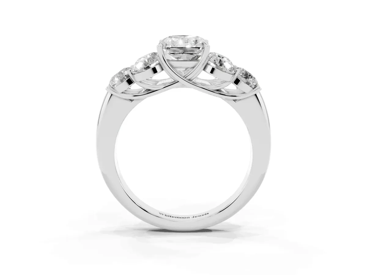 Radiant Cut Cut Diamond Cluster Ring with Round Accent Stones and Prong Setting on a Classic Band White gold