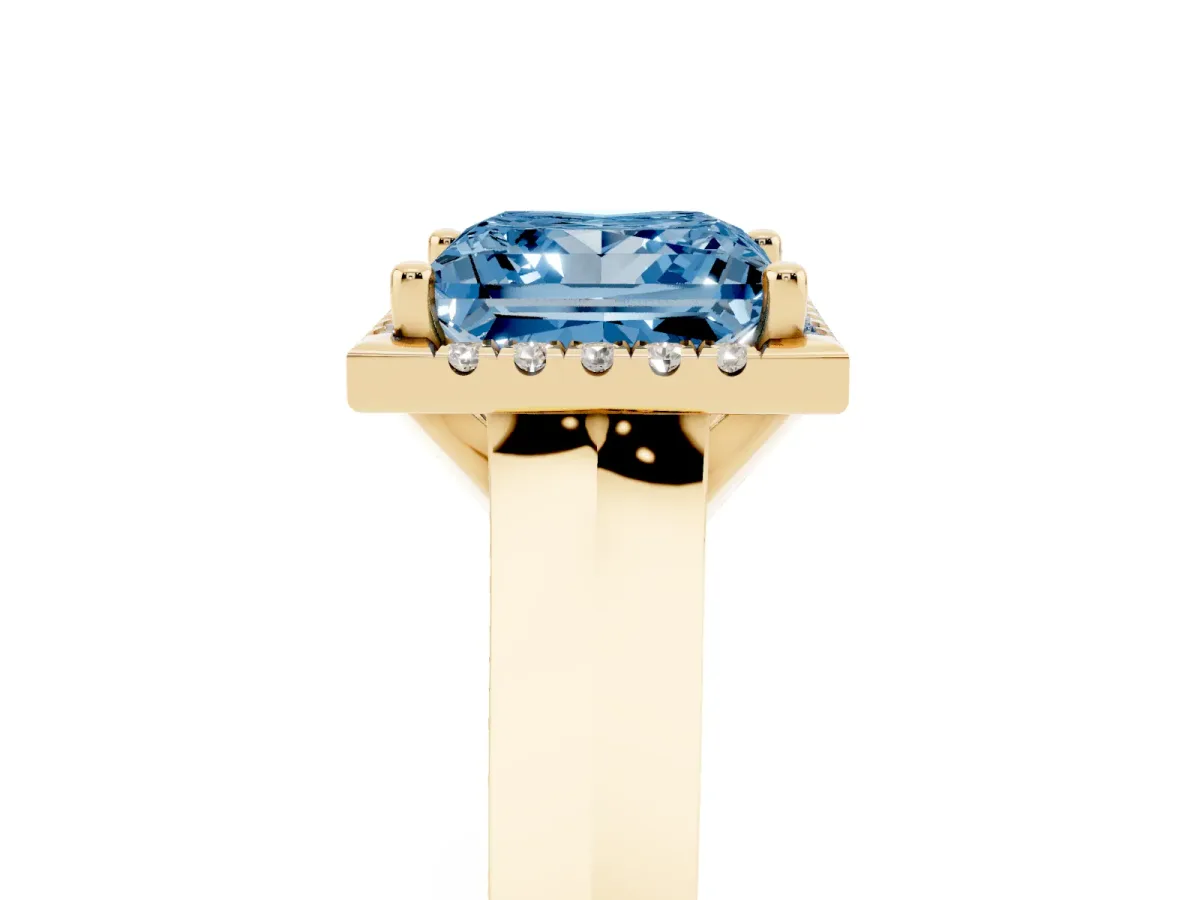 Fancy Blue Princess Cut Halo Diamond Ring with Cathedral Band and Four-Prong Setting Yellow gold