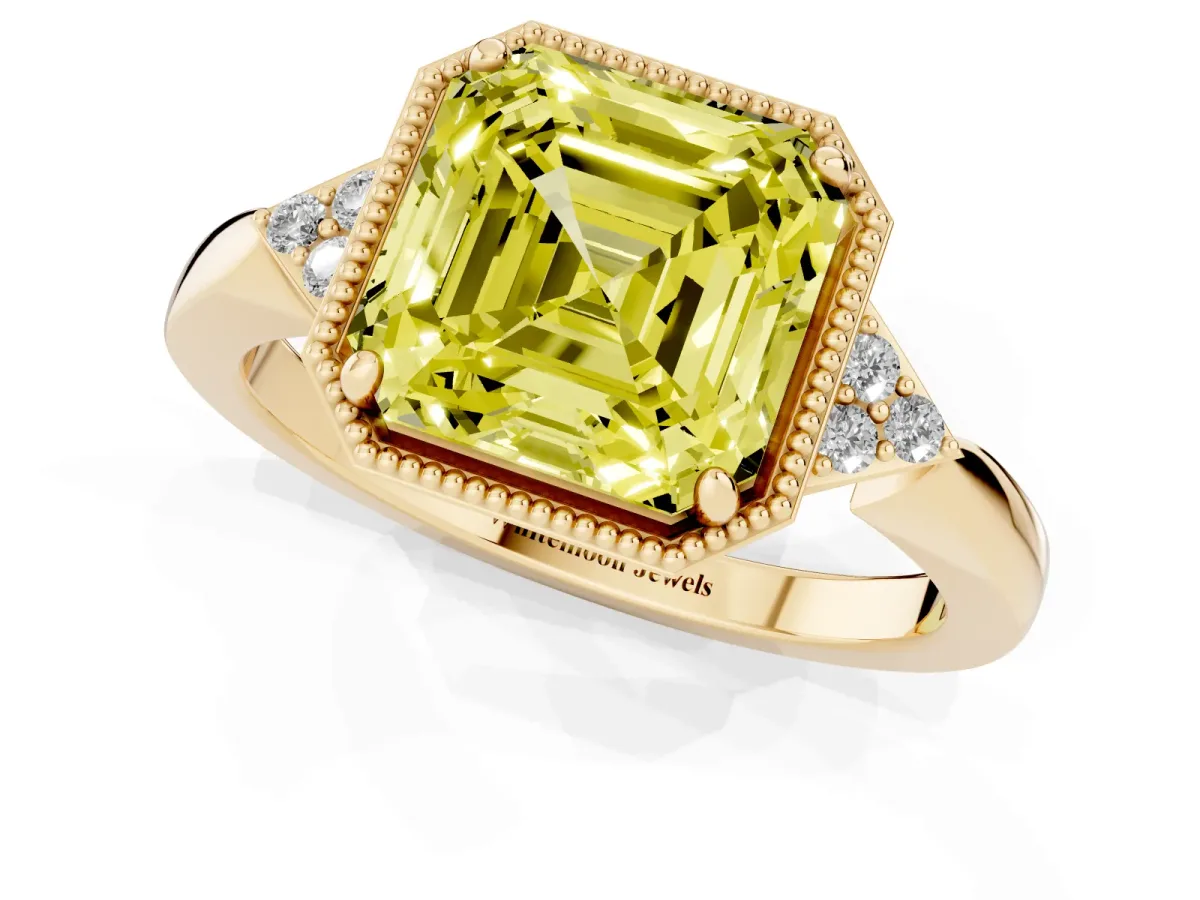 Fancy Yellow Hexagonal Halo Asscher Cut Diamond Solitaire with Pavé Band and Four-Prong Setting Yellow gold