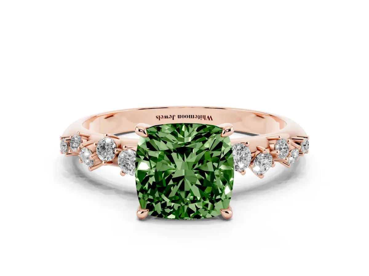 Fancy Green Cushion Cut Diamond Cluster Side Stone Solitaire Ring with Prong Setting Rose gold