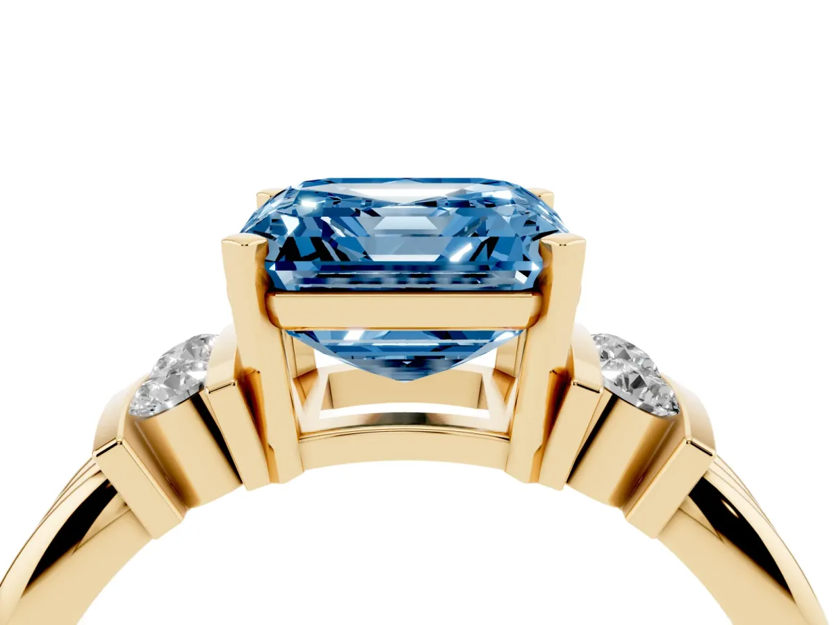 Fancy Blue Asscher Cut Cut Three-Stone Channel Set Ring with Bar Prongs Yellow gold