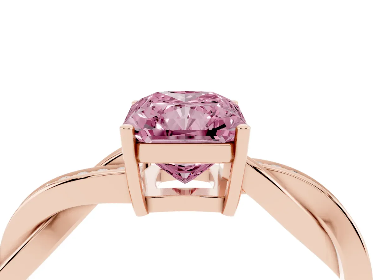 Fancy Pink Radiant Cut Solitaire Twisted Pave Diamond Ring with Four-Prong Setting Rose gold