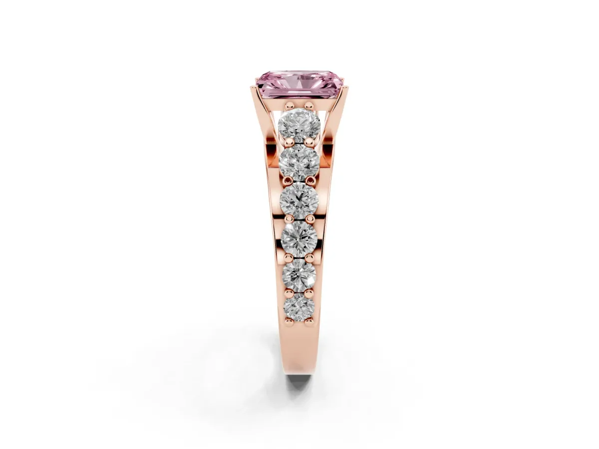 Fancy Pink Radiant Cut Diamond Engagement Ring with Pavé Band and Four-Prong Setting Rose gold