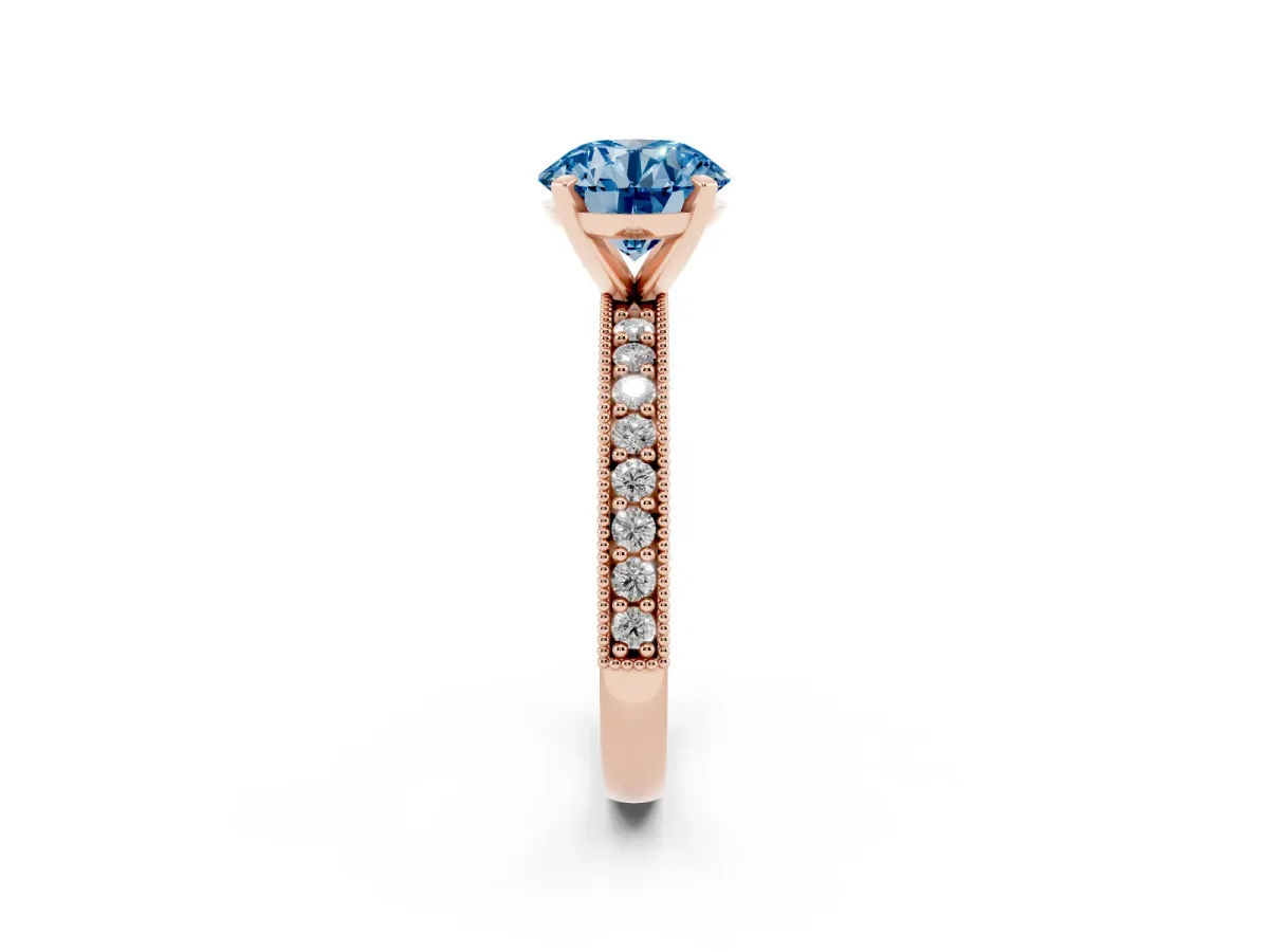 Fancy Blue Round Cut Diamond Milgrain Pavé Engagement Ring with Four-Prong Setting Rose gold