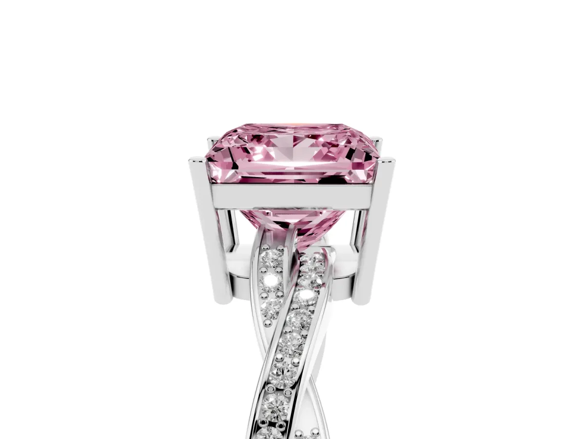 Fancy Pink Princess Cut Solitaire Twisted Pave Diamond Ring with Four-Prong Setting Silver