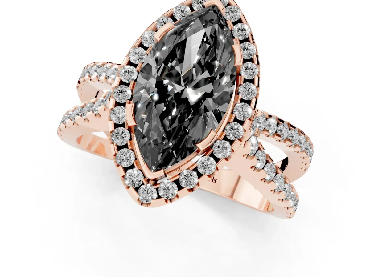 Fancy Black Marquise Cut Diamond Halo Ring with Split Shank Pavé Band and Prong Setting Rose gold