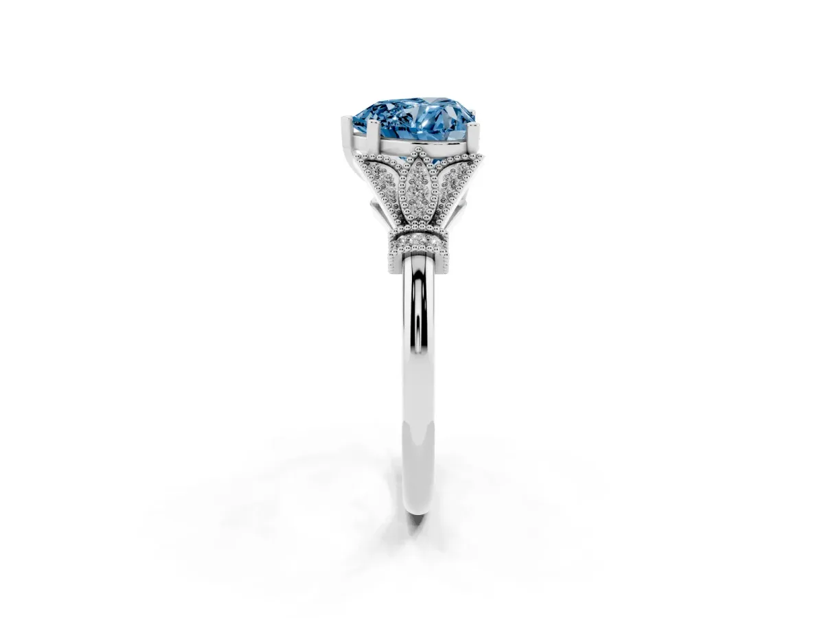 Fancy Blue Heart Cut Diamond Solitaire Ring with Floral Filigree and Pave Accents Silver