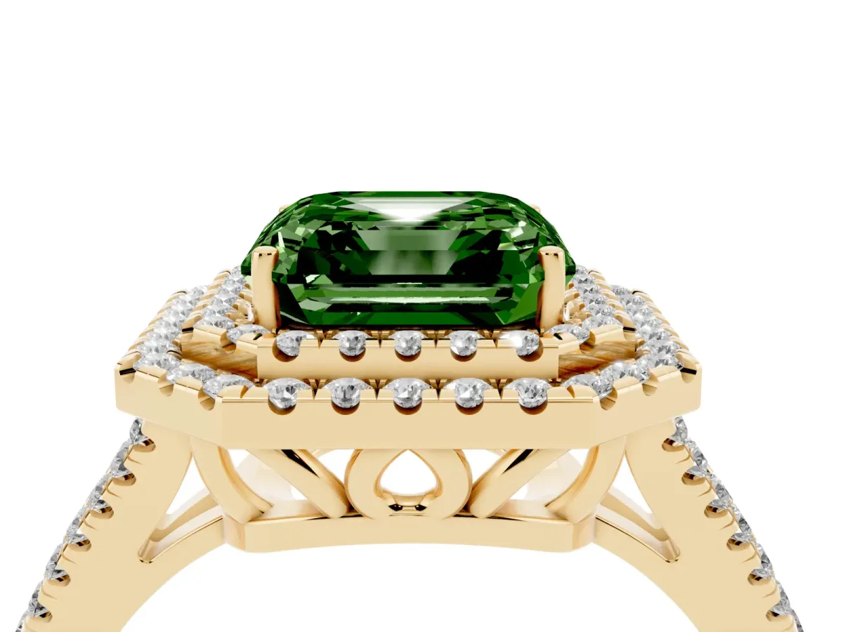 Fancy Green Asscher Cut Diamond Double Halo Ring with Pavé Band and Prong Setting Yellow gold