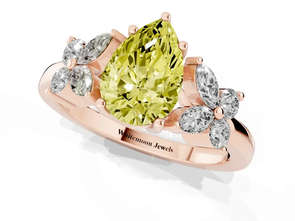 Fancy Yellow Pear Cut Diamond Floral Cluster Ring with Solitaire Band and Prong Setting Rose gold