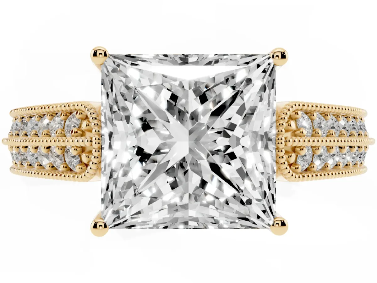 Princess Cut Cut Pave Split Shank Engagement Ring with Four-Prong Setting Yellow gold