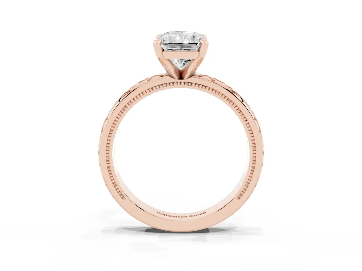 Radiant Cut Solitaire Engagement Ring with Scrollwork Band and Four-Prong Setting Rose gold