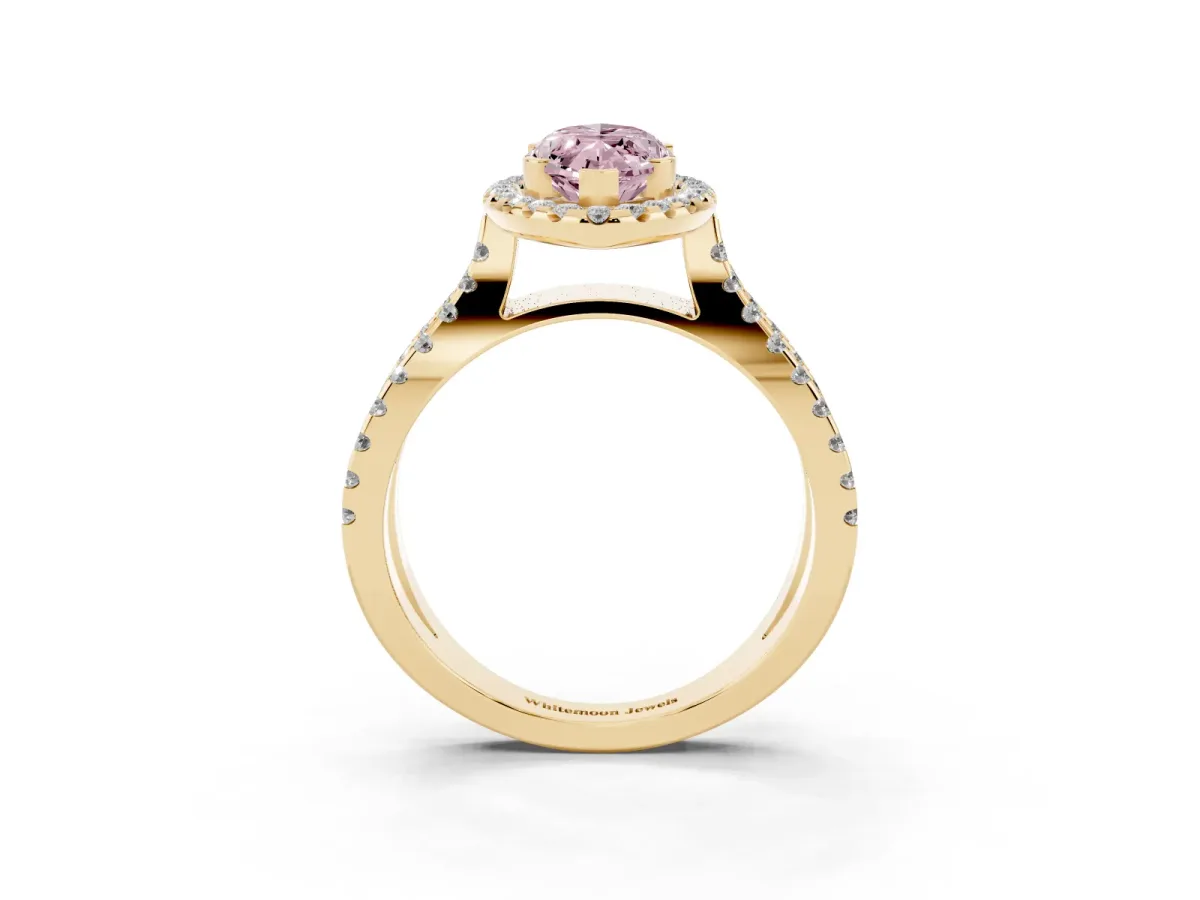 Fancy Pink Marquise Cut Diamond Halo Ring with Split Shank Pavé Band and Prong Setting Yellow gold