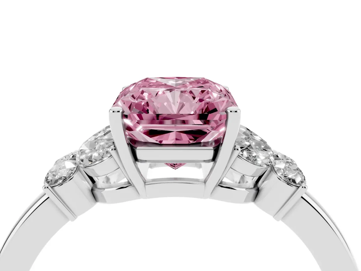Fancy Pink Radiant Cut Cut Solitaire Floral Diamond Ring with Four-Prong Setting Silver