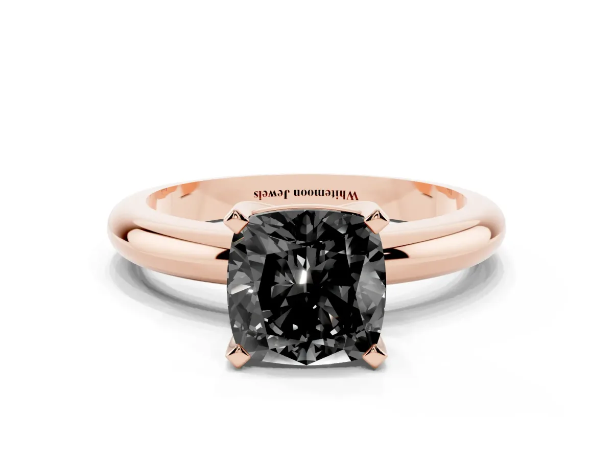 Fancy Black Cushion Cut Diamond Solitaire Engagement Ring with Round Band and Four-Prong Setting Rose gold