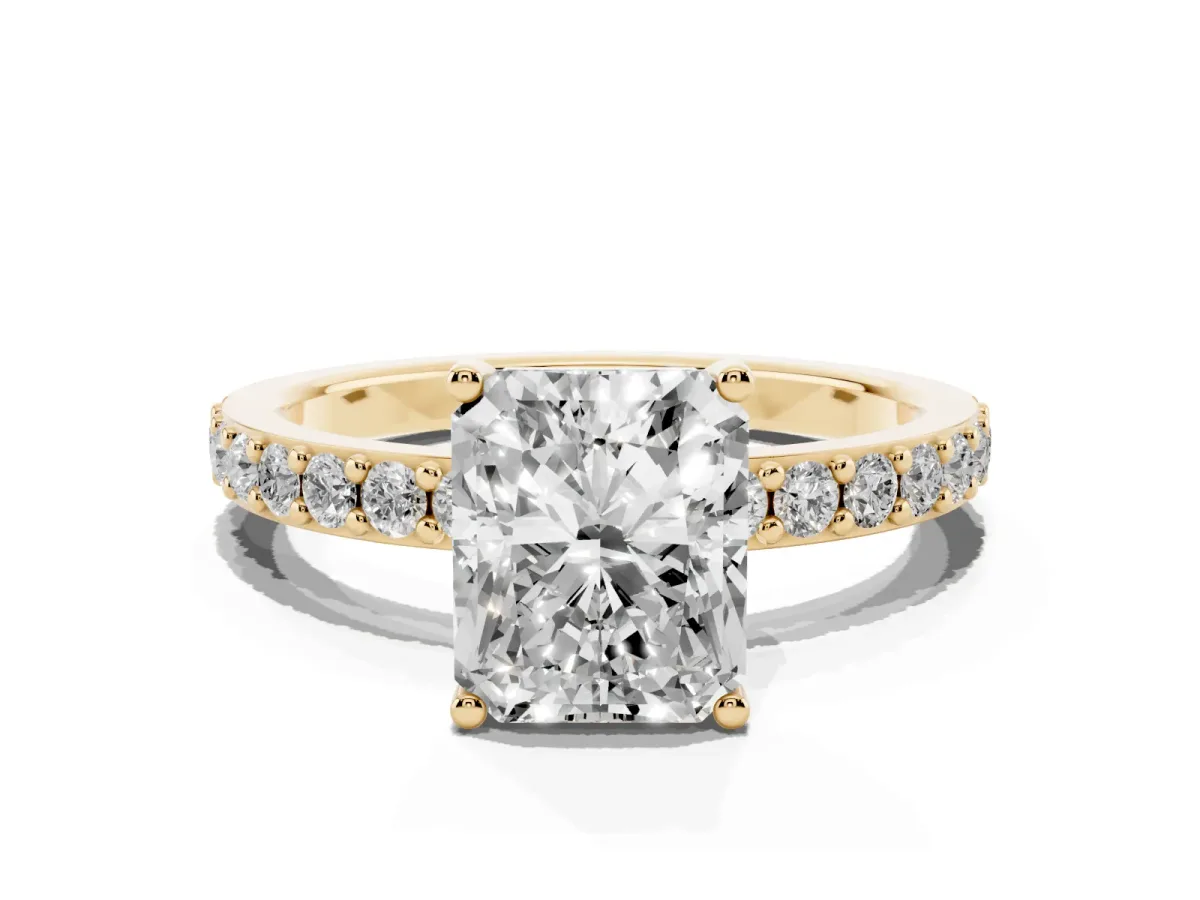 Radiant Cut Cut Diamond Solitaire with Pave Band and Four-Prong Setting Yellow gold
