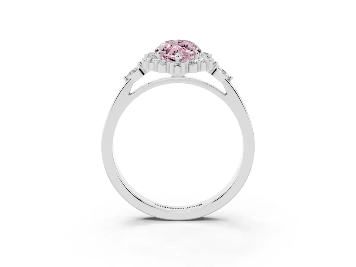 Fancy Pink Marquise Cut Diamond Halo Ring with Pear Side Stones and Prong Setting Silver