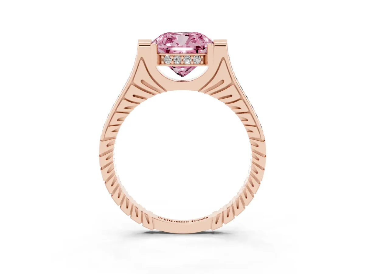 Fancy Pink Cushion Cut Solitaire Diamond Ring with Channel Set Band and Bezel Prong Setting Rose gold