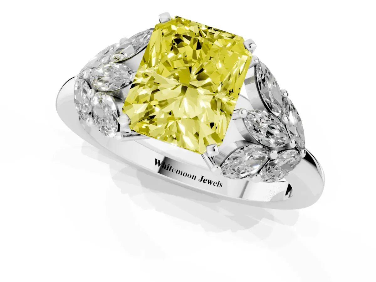 Fancy Yellow Radiant Cut Diamond Cluster Leaf Design Ring with Prong Setting Silver