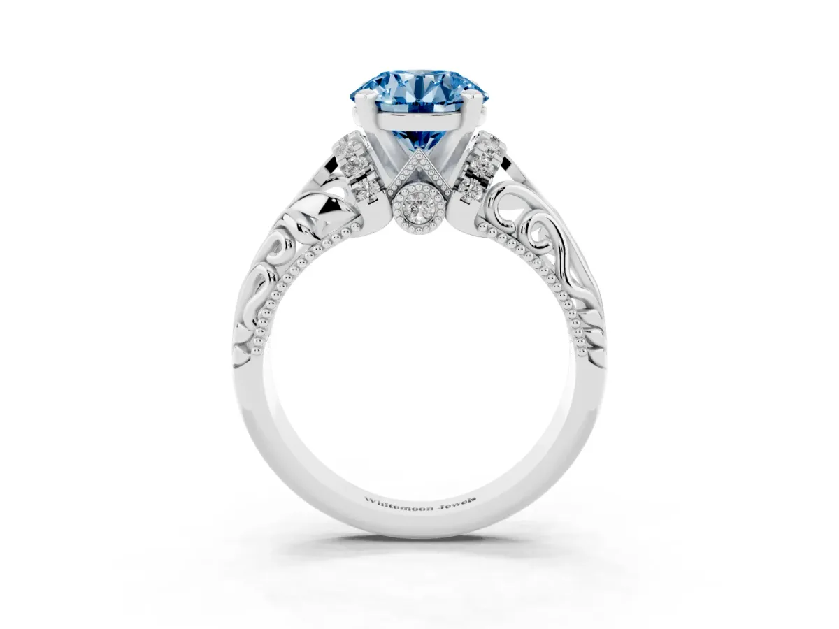 Fancy Blue Round Cut Solitaire Filigree Engagement Ring with Halo and Prong Setting White gold
