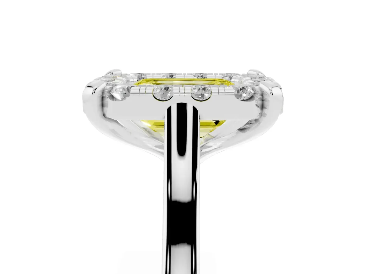 Fancy Yellow Emerald Cut Diamond Cluster Halo Solitaire with Four-Prong Setting Silver