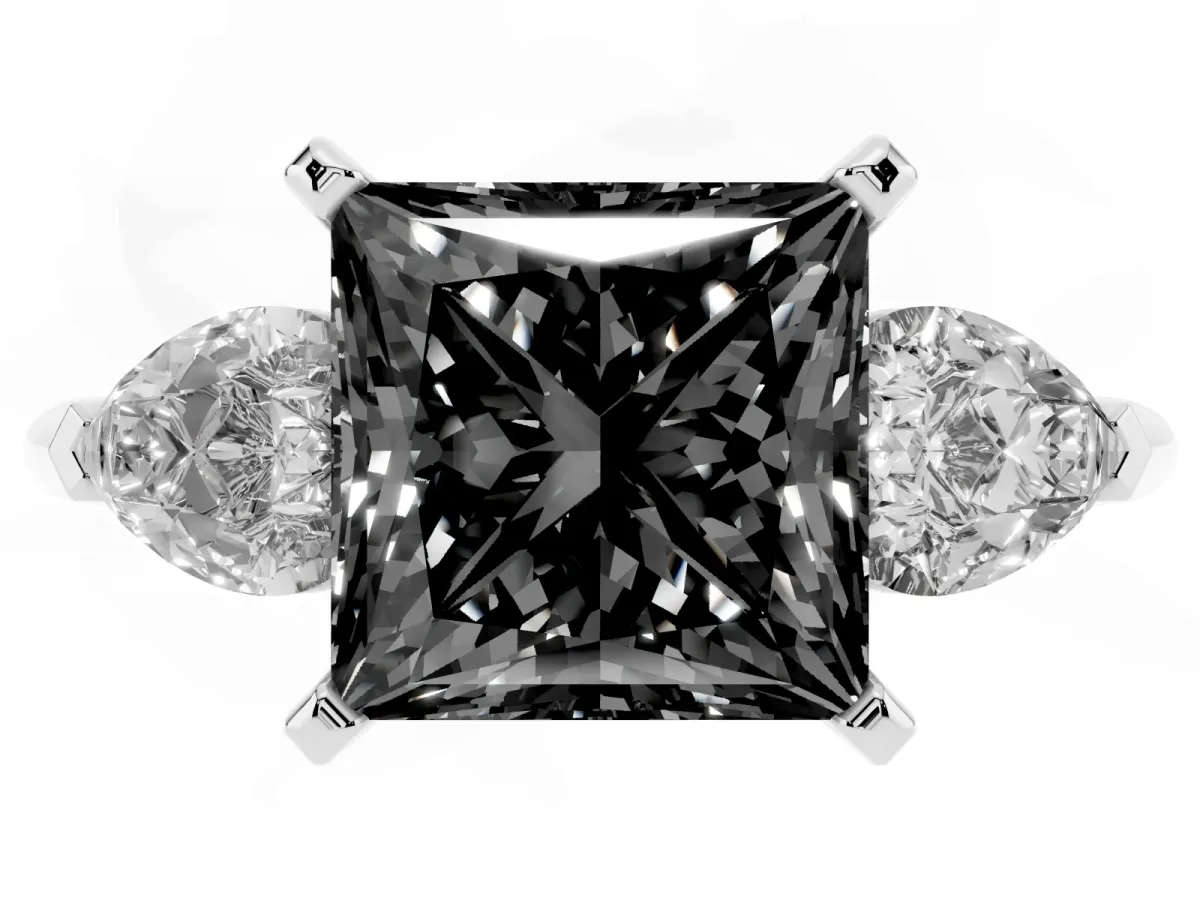 Fancy Black Three-Stone Princess Cut Diamond Ring with Pear Side Stones and Four-Prong Setting Silver