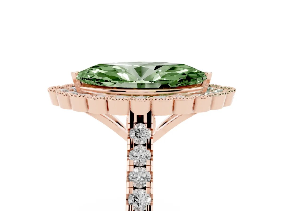 Fancy Green Marquise Cut Cut Diamond Milgrain Floral Halo Engagement Ring with Pavé Band Rose gold