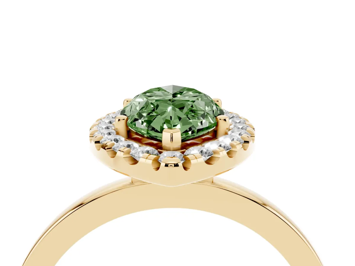 Fancy Green Marquise Cut Halo Diamond Solitaire with Pavé Band and Four-Prong Setting Yellow gold