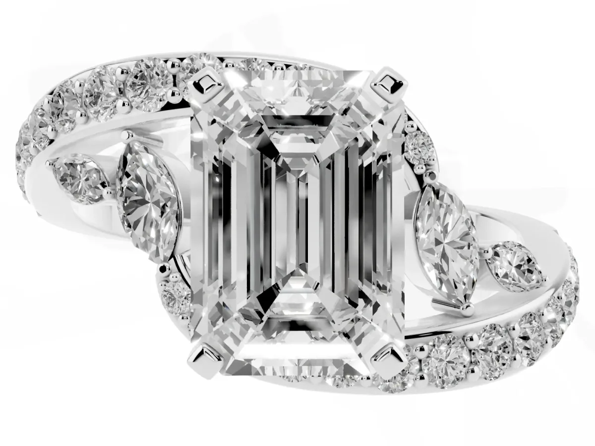 Emerald Cut Solitaire with Pavé Twist Band and Four-Prong Setting Silver