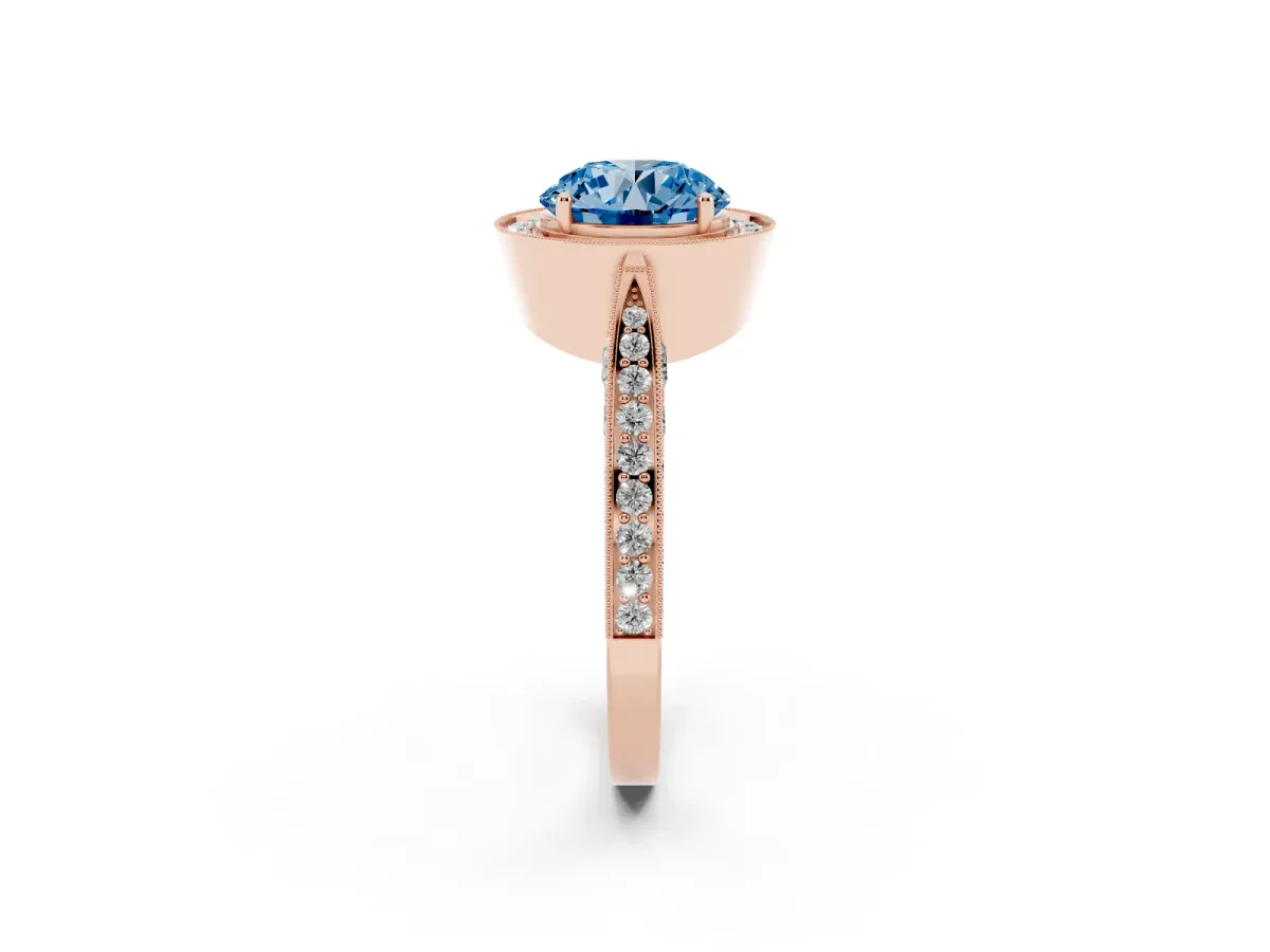 Fancy Blue Round Cut Halo Diamond Engagement Ring with Split Shank Band and Four-Prong Setting Rose gold
