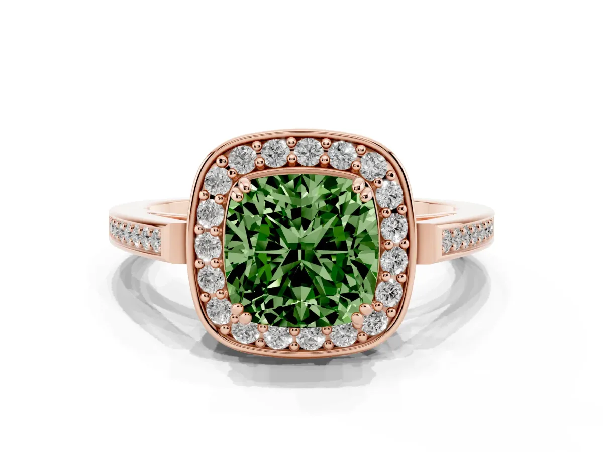 Fancy Green Cushion Cut Diamond Halo Ring with Split Shank and Four-Prong Setting Rose gold