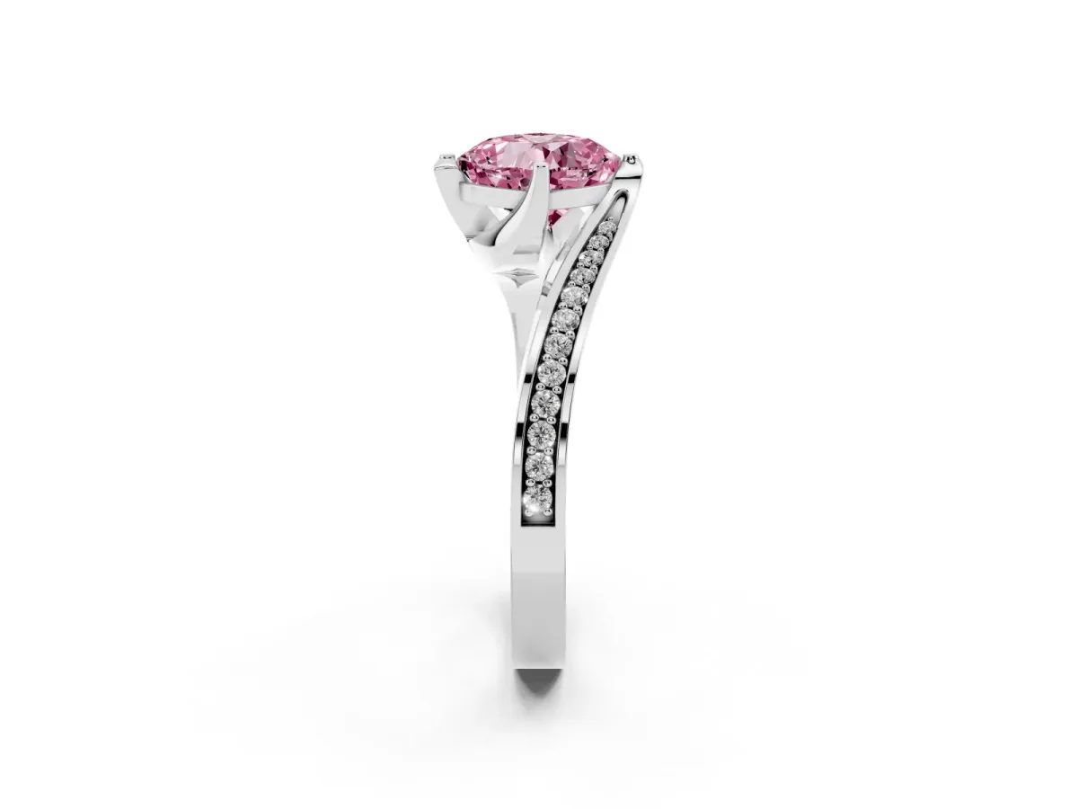 Fancy Pink Cushion Cut Solitaire Diamond Twist Band with Pavé Setting and Four-Prong Setting Silver